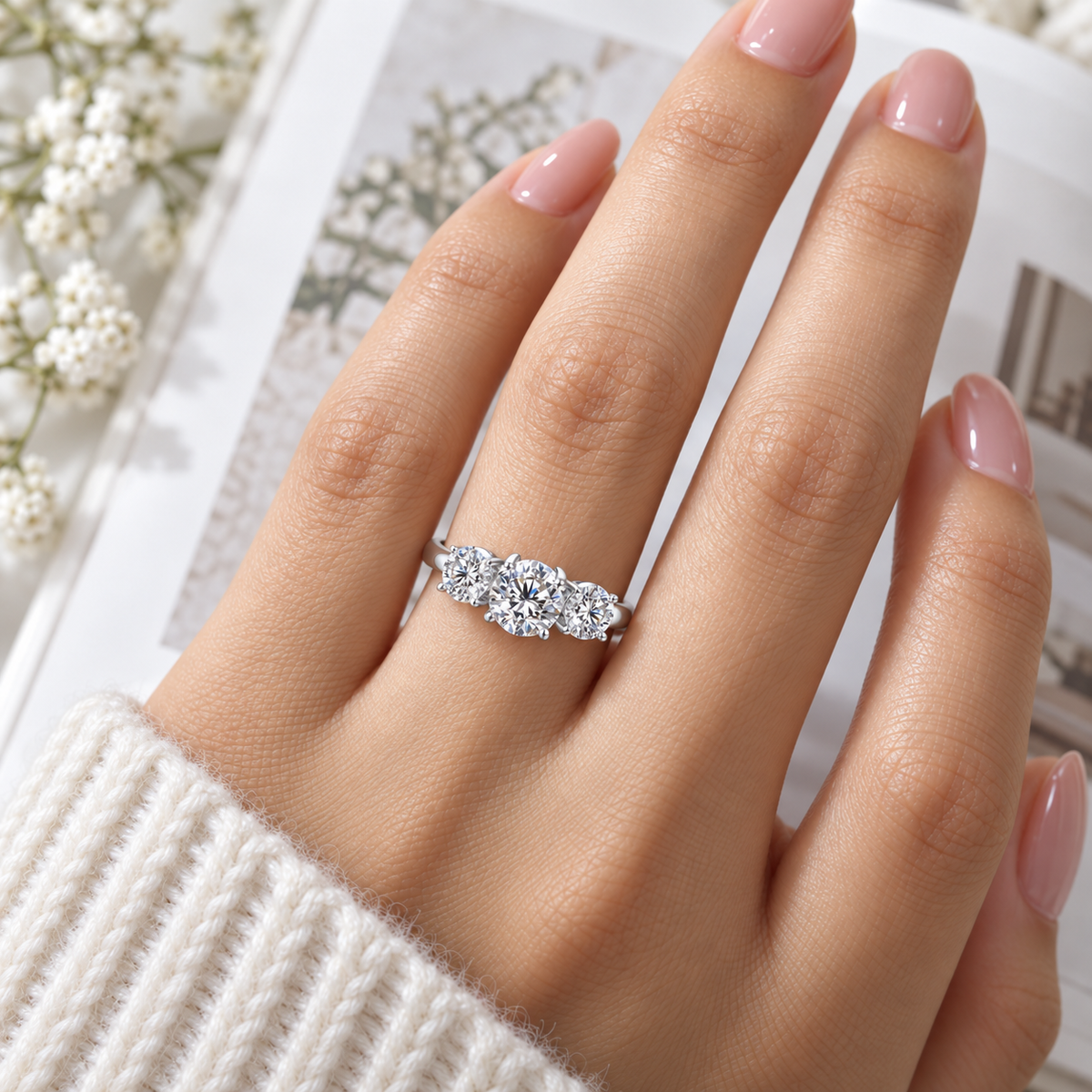 Three-Stone Double claws Engagement Ring (3.0 ct. tw)