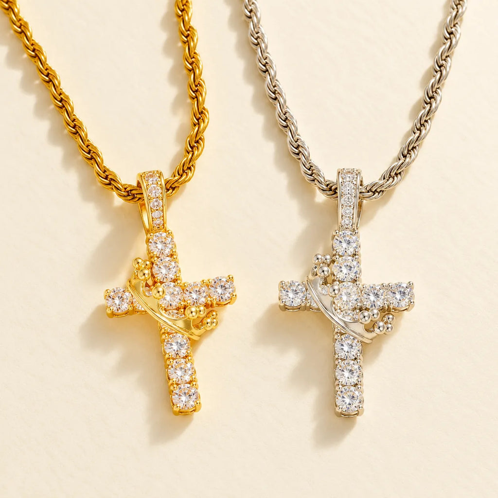 Aurelia crowned cross necklace in gold tone and silver tone, each sold individually