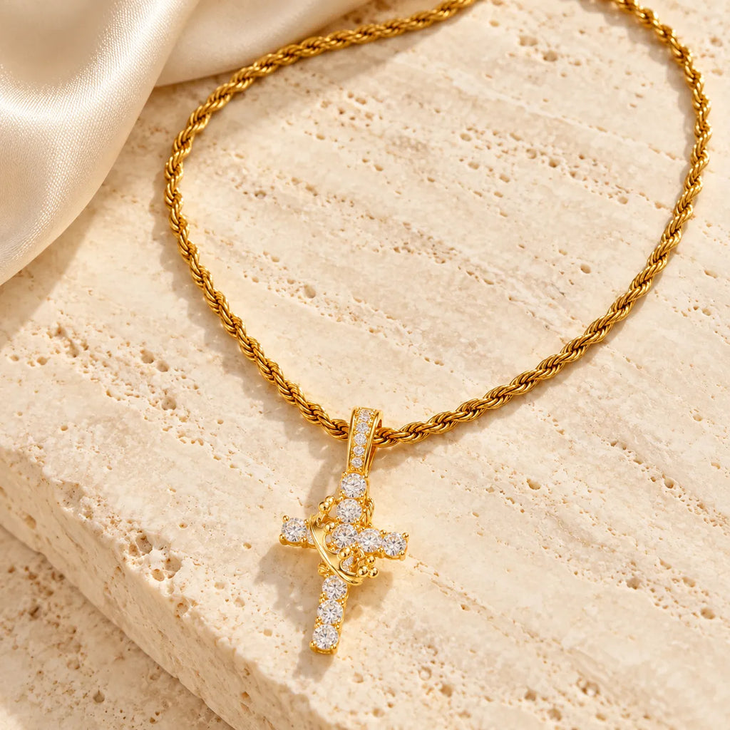 Aurelia gold-tone crowned cross pendant with rope chain