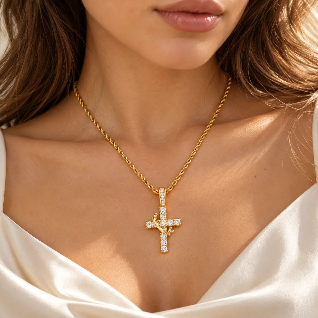 Aurelia gold-tone crowned cross pendant with rope chain