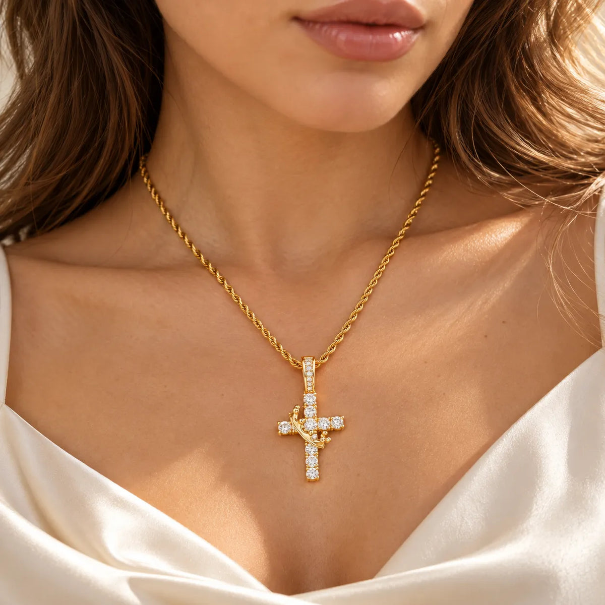Aurelia gold-tone crowned cross pendant with rope chain
