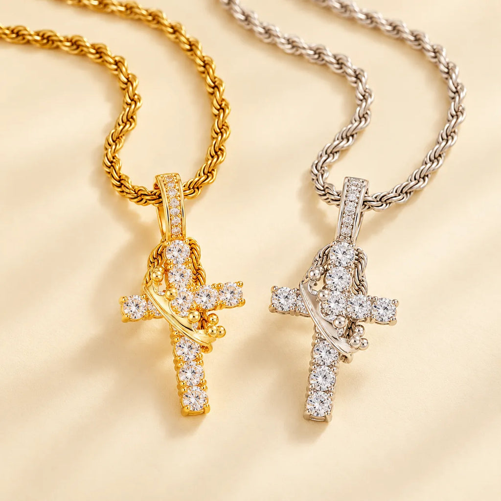 Aurelia crowned cross necklace in gold tone and silver tone, each sold individually
