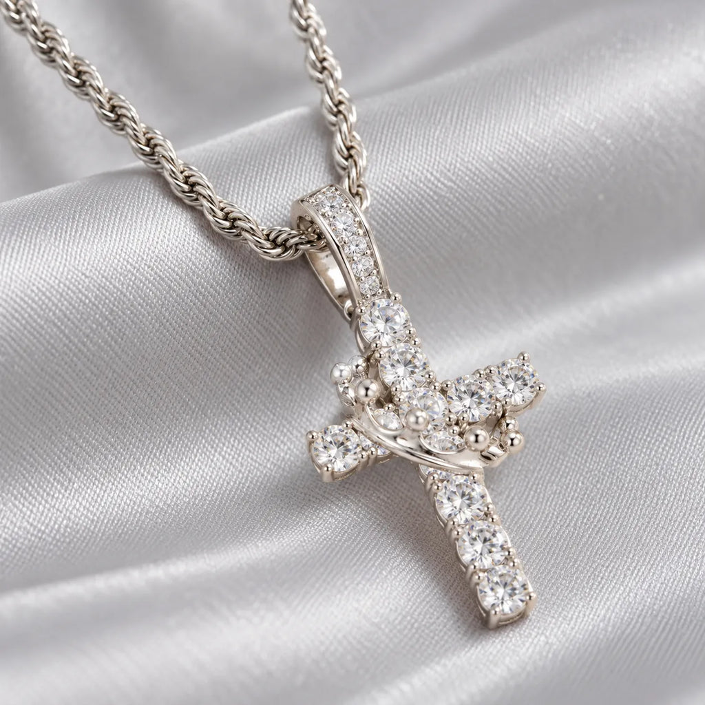 Aurelia silver-tone crowned cross pendant with rope chain