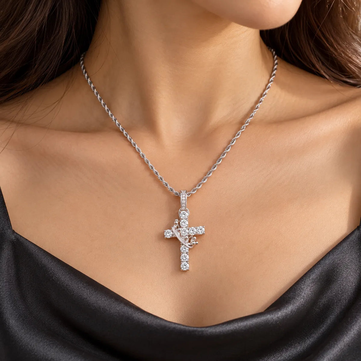Aurelia silver-tone crowned cross pendant with rope chain