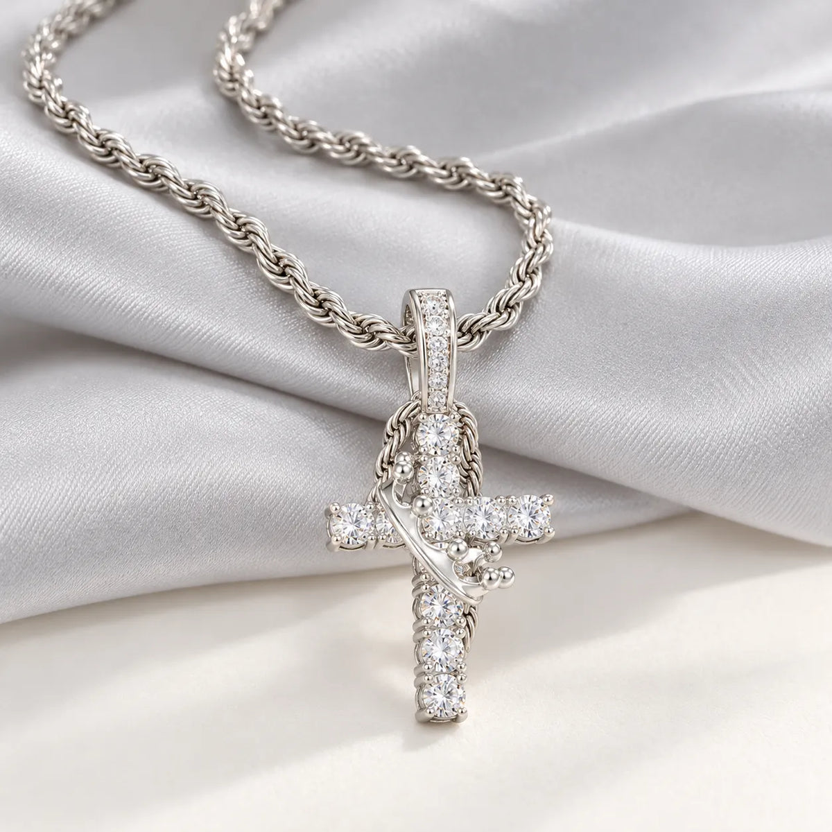 Aurelia silver-tone crowned cross pendant with rope chain