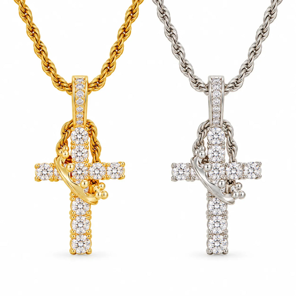Aurelia crowned cross necklace in gold tone and silver tone, each sold individually