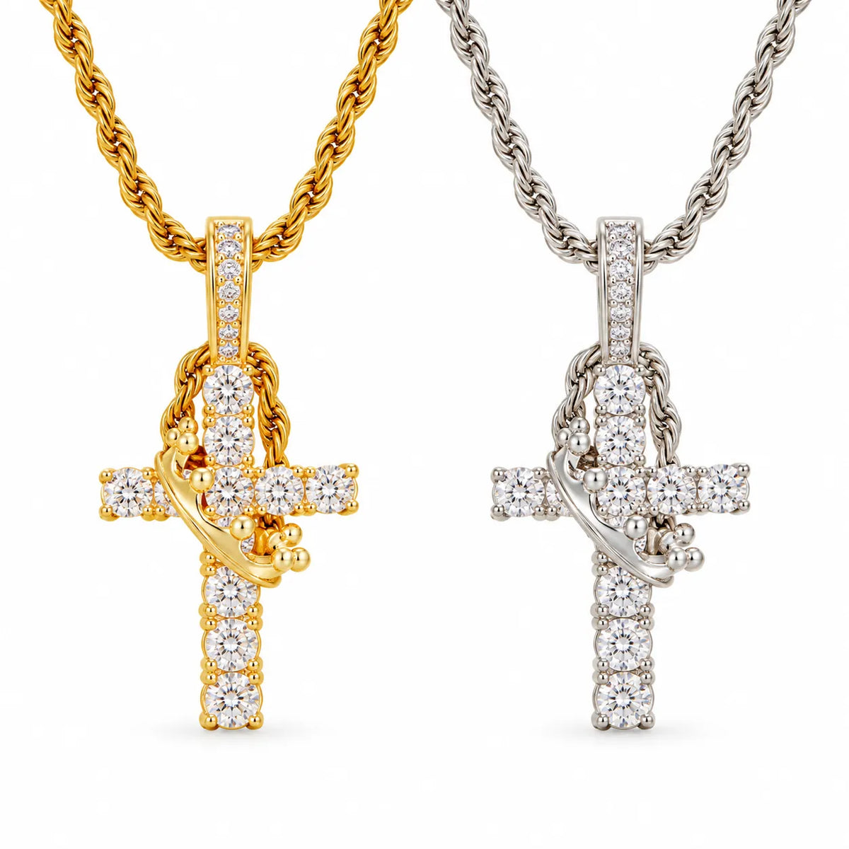 Aurelia crowned cross necklace in gold tone and silver tone, each sold individually
