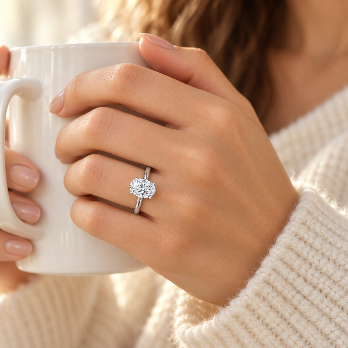 Silver Ever After Solitaire Ring styled with a cream knit