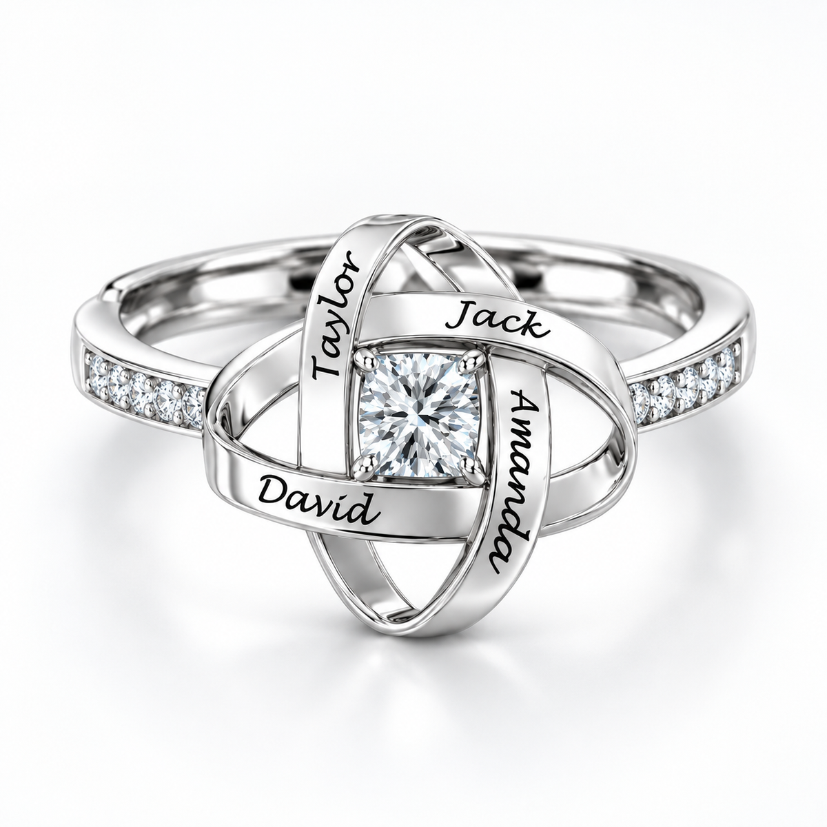 The Family Knot Name Ring in Silver, shown with four example names
