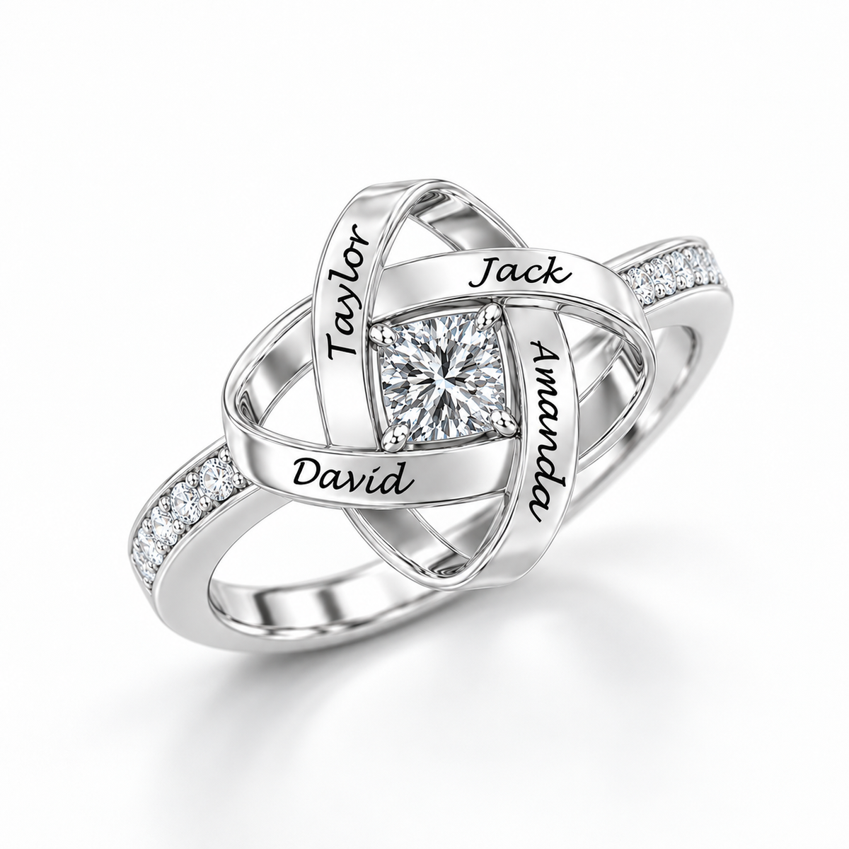 Silver Family Knot Name Ring — intertwined name bands and center stone