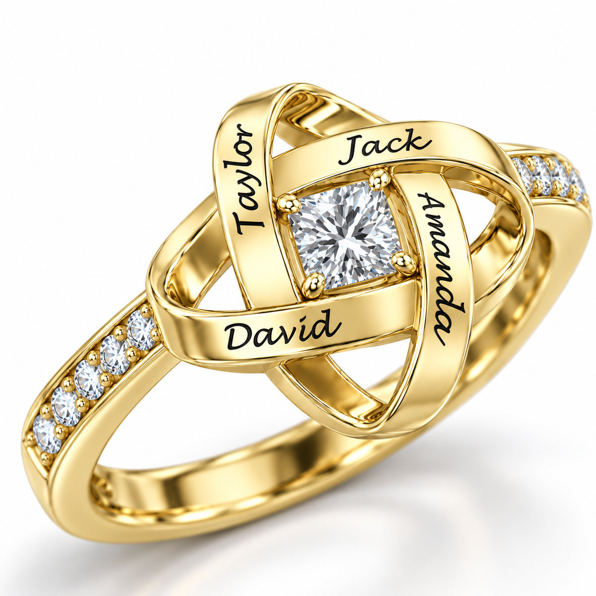 Gold Family Knot Name Ring — setting and engraving detail