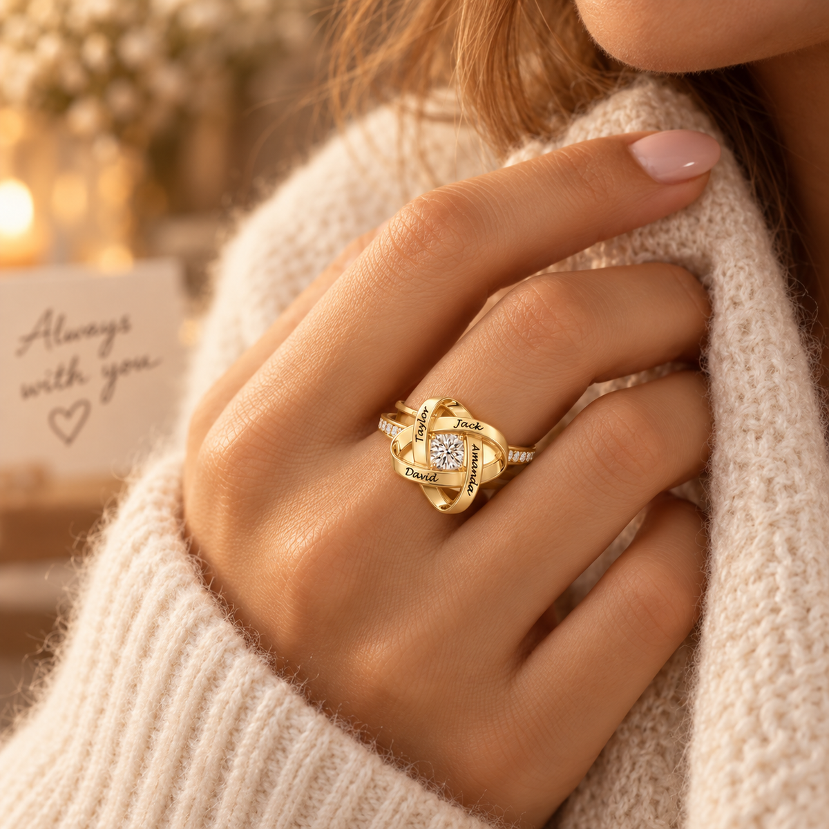 Gold Family Knot Name Ring worn in warm natural light