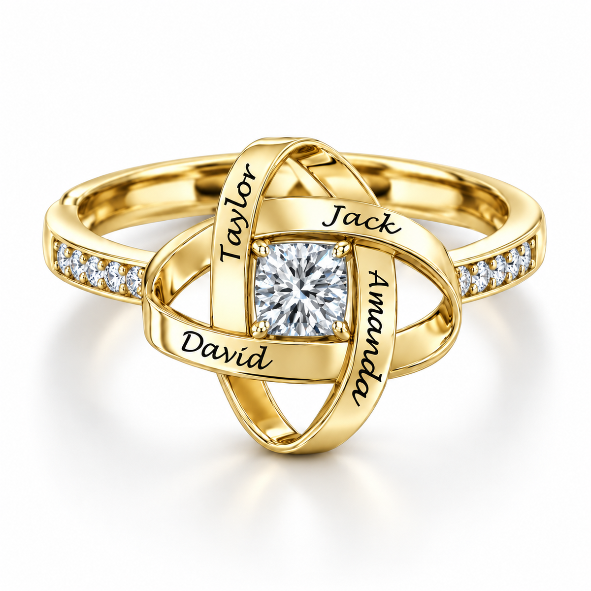 The Family Knot Name Ring in Gold, shown with four example names