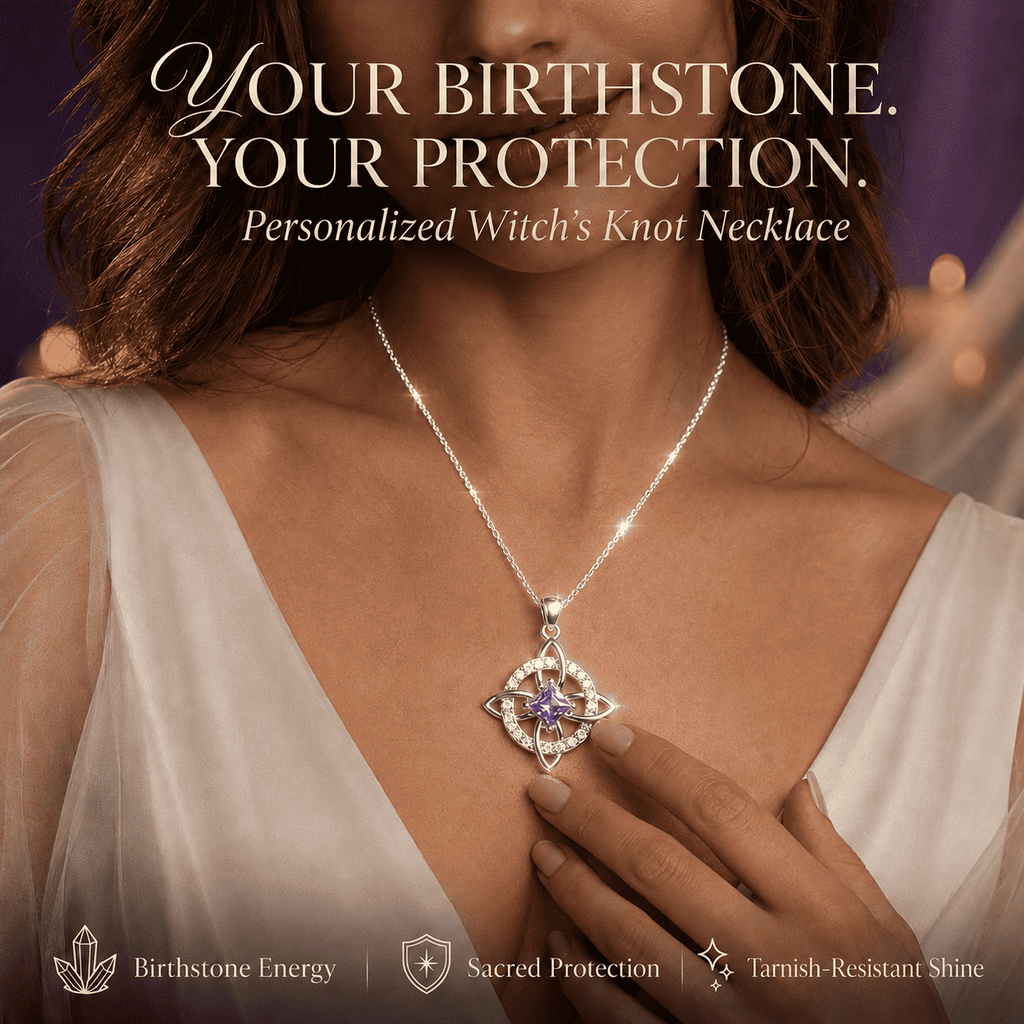 Guardian Knot birthstone necklace worn with a silver-color chain