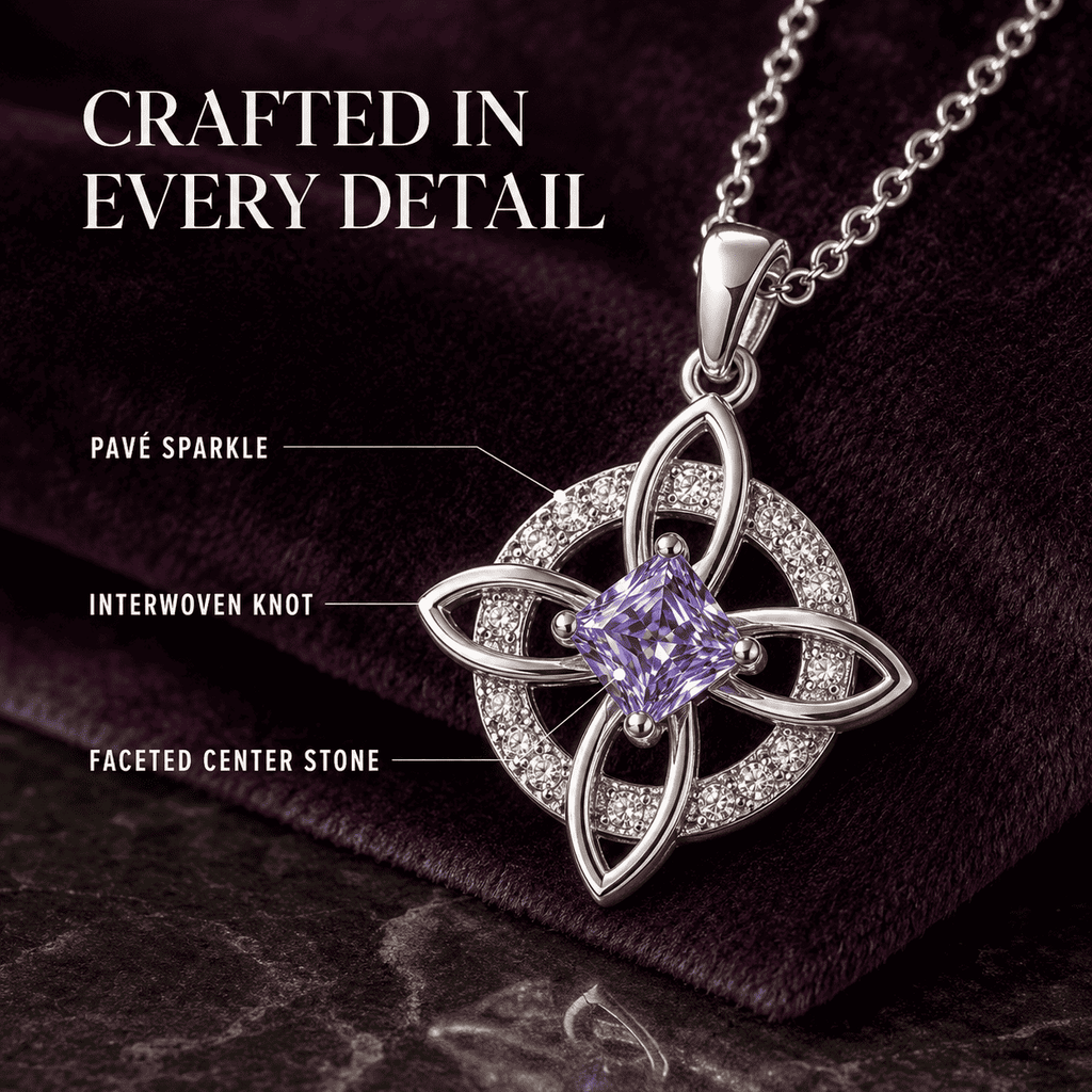 Close-up of the interwoven knot, sparkling halo and faceted birthstone