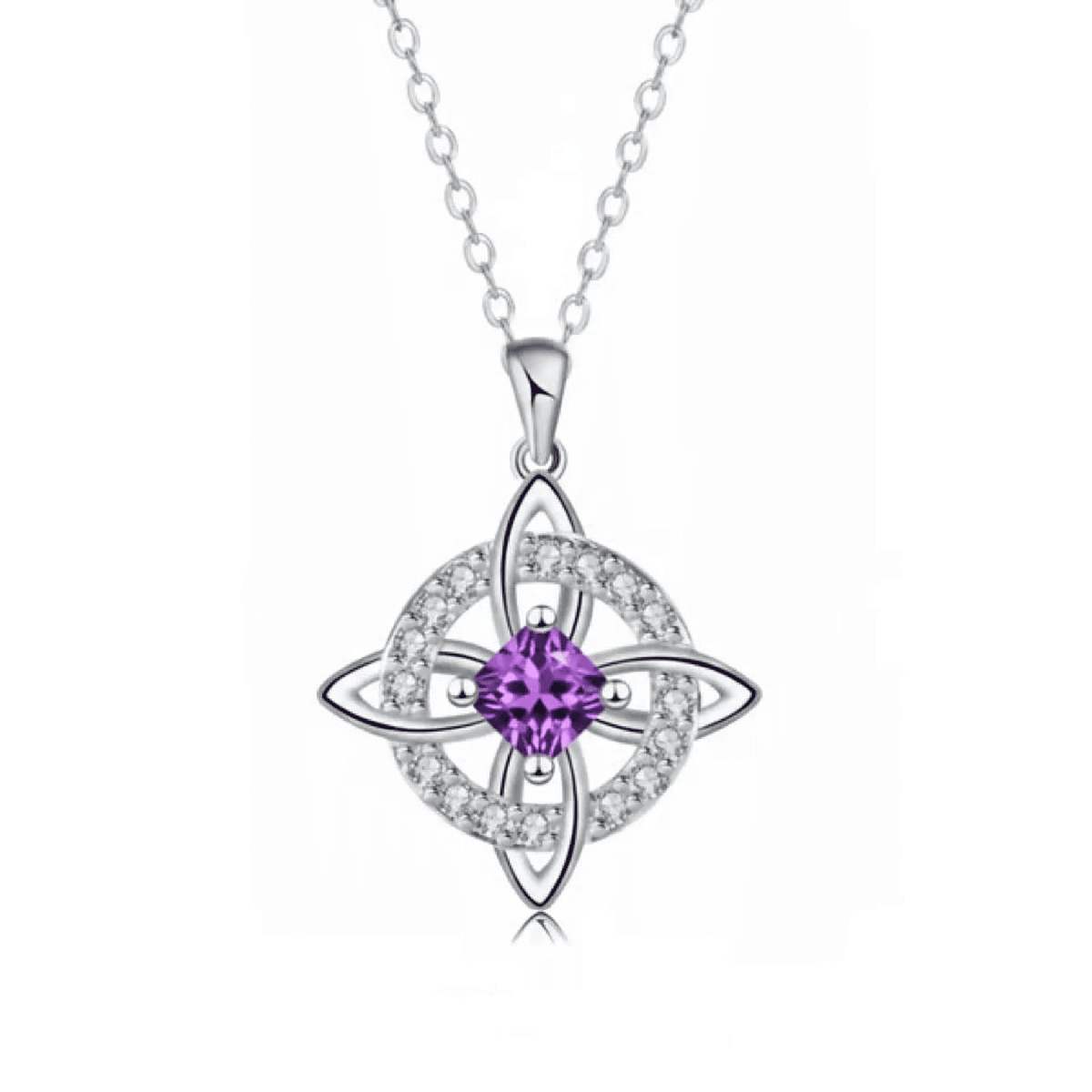 Silver-color Guardian Knot Necklace with a purple February birthstone