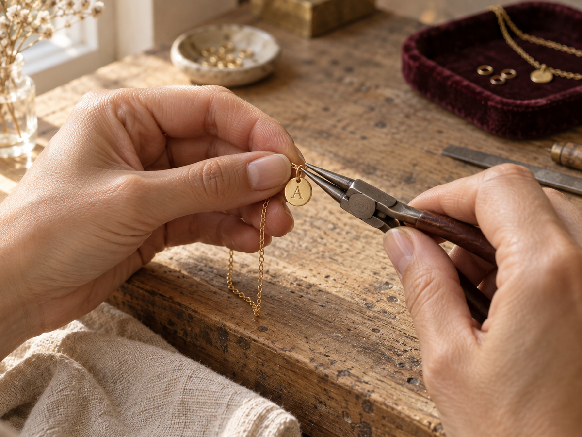 Illustrative handmade jewelry scene: hands working on a gold initial pendant with jewelry pliers.