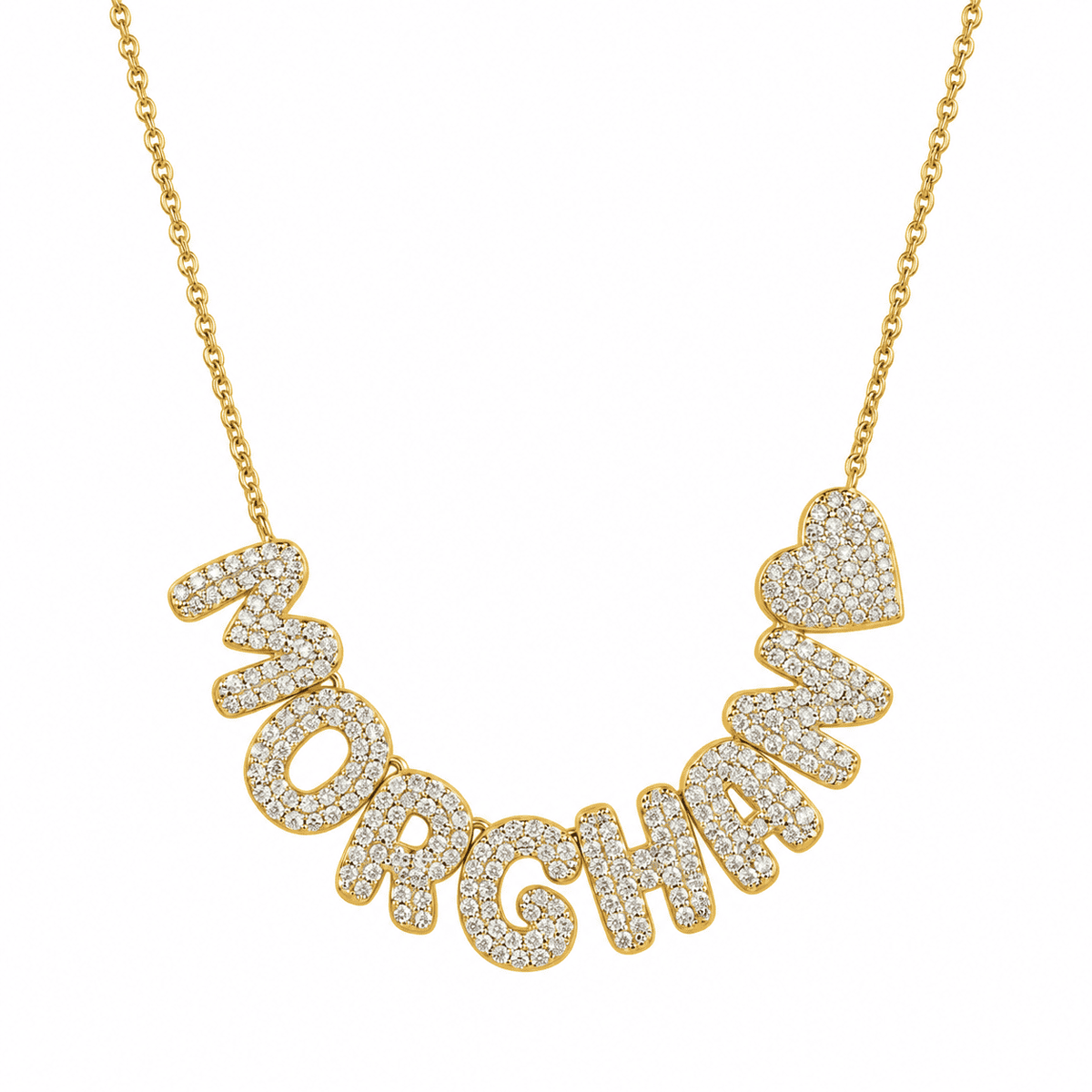 The Heartletter Pavé Name Necklace — Gold, white background