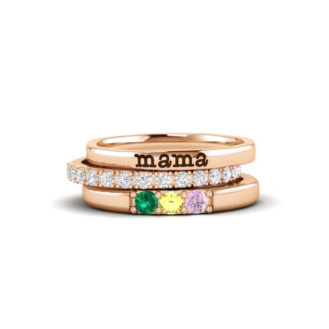Mama birthstone stackable ring set, three bands in a rose-gold tone