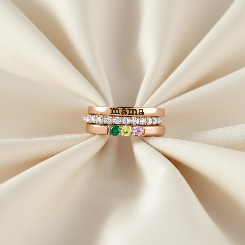 Mama engraved ring, clear-stone band and personalized birthstone band
