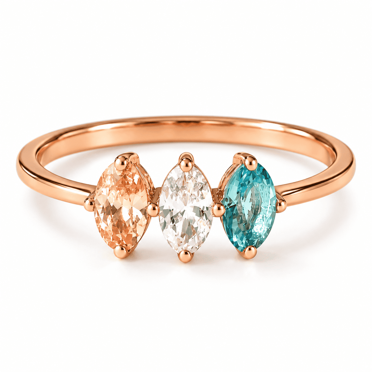 Rose Gold Marquise Story ring with three birthstone accents