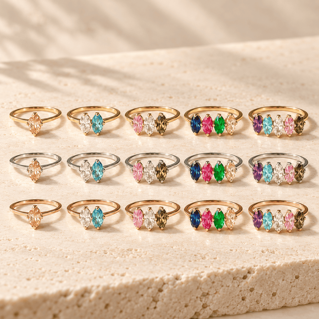 Marquise Story Ring with one to five birthstones in Gold, Silver and Rose Gold