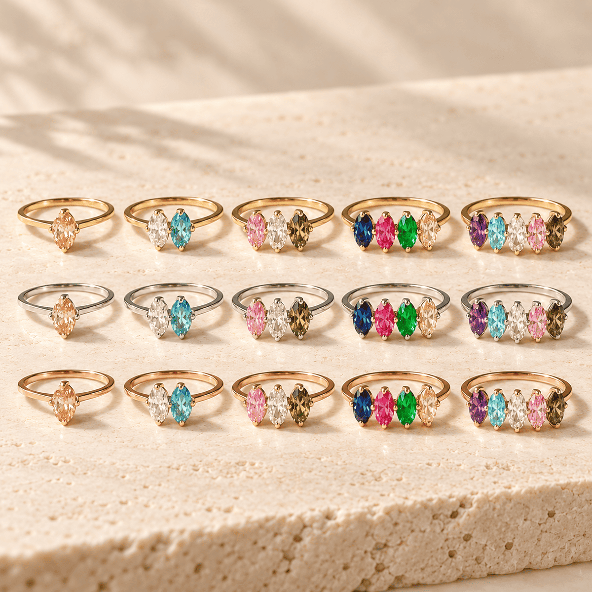 Marquise Story Ring with one to five birthstones in Gold, Silver and Rose Gold