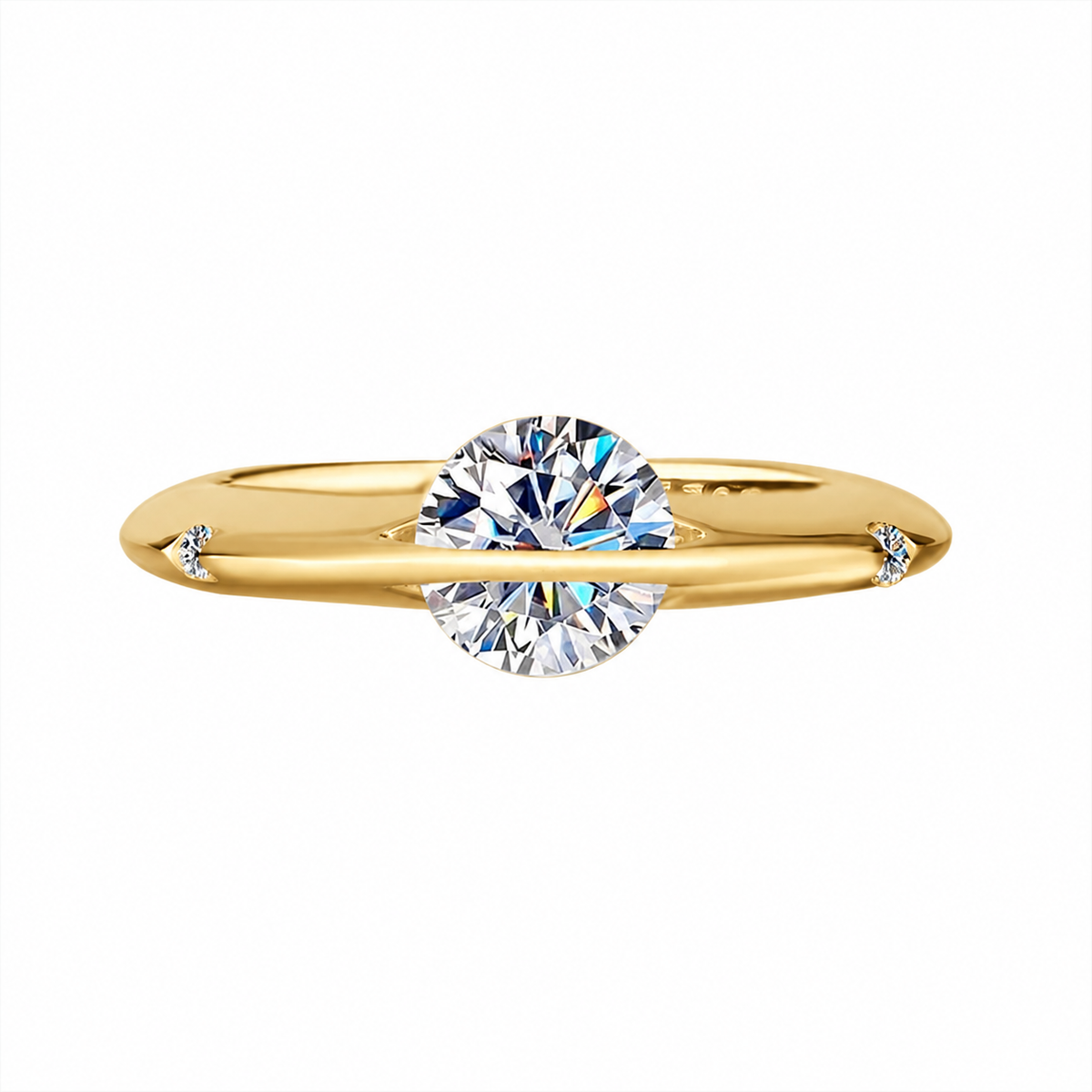 Miorenza Orbit ring in gold color with 1ct moissanite, front view; digitally recolored from the original silver photograph