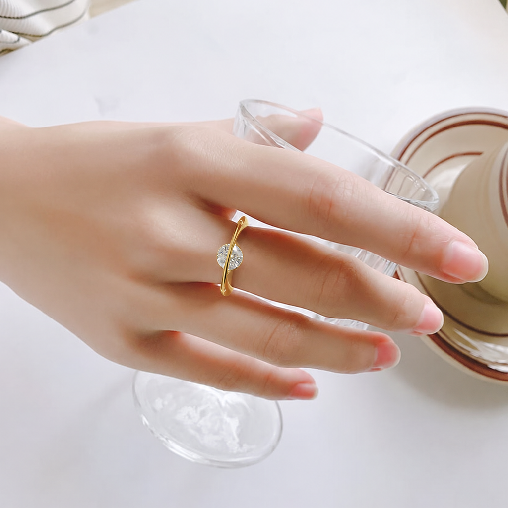 Miorenza Orbit ring in gold color worn on a hand; digitally recolored from the original silver photograph