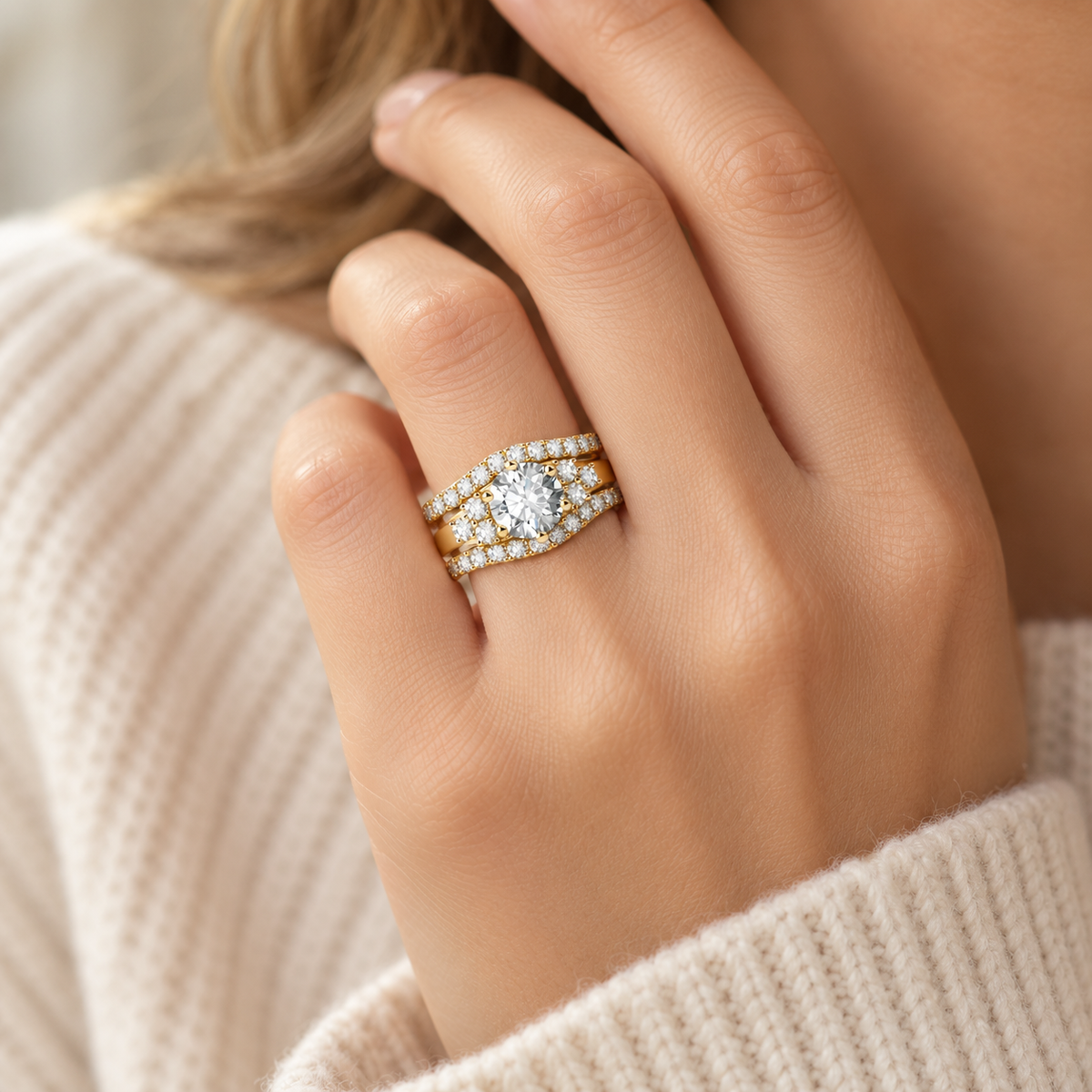 The Timeless Embrace Ring Set in Gold worn on the hand