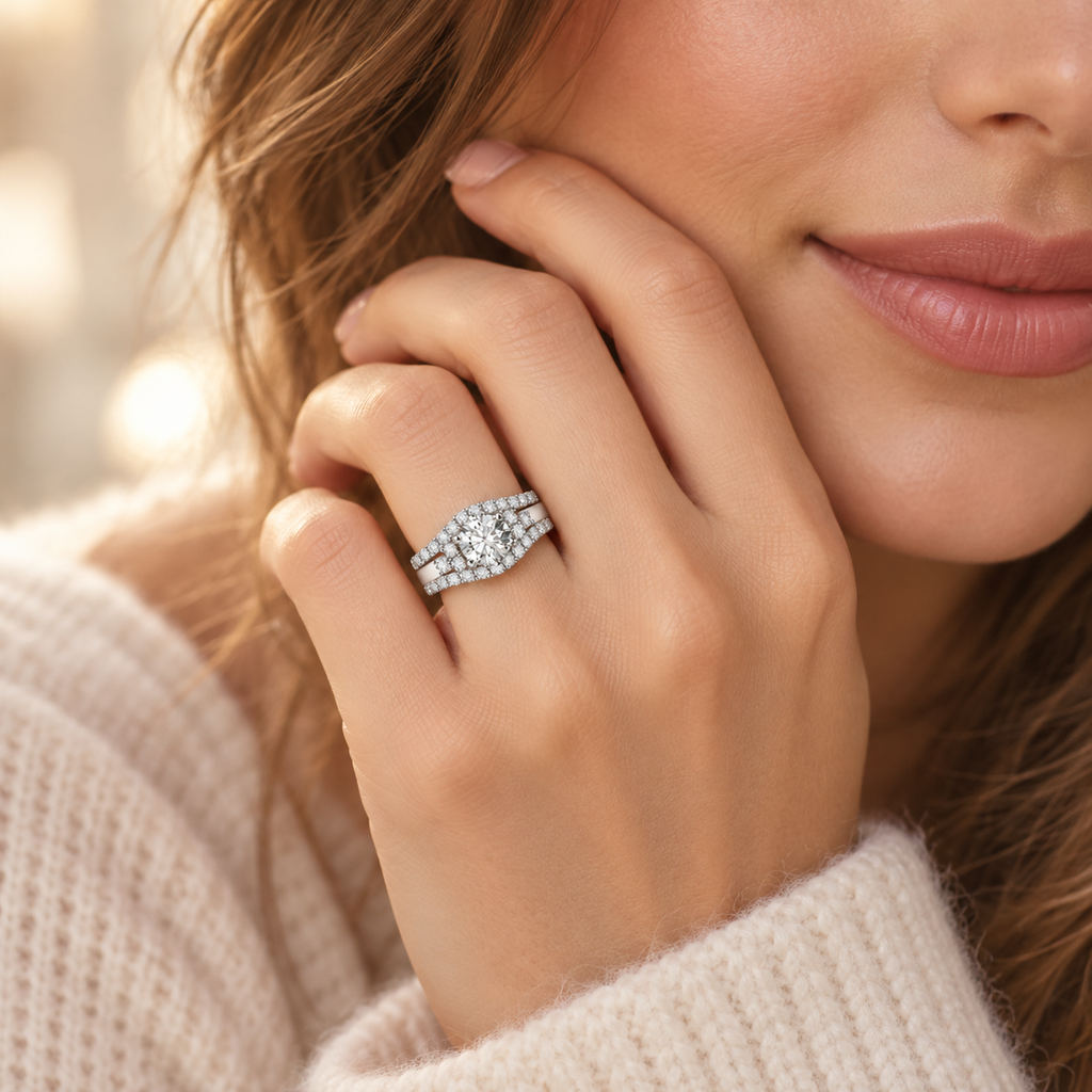 Silver Timeless Embrace Ring Set styled with a cream knit