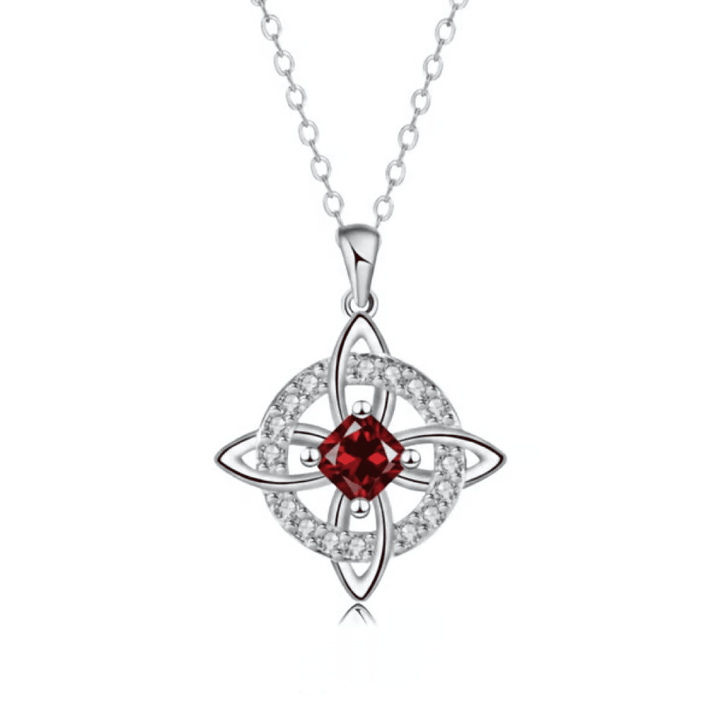 Silver-color witch knot birthstone necklace with a red January birthstone