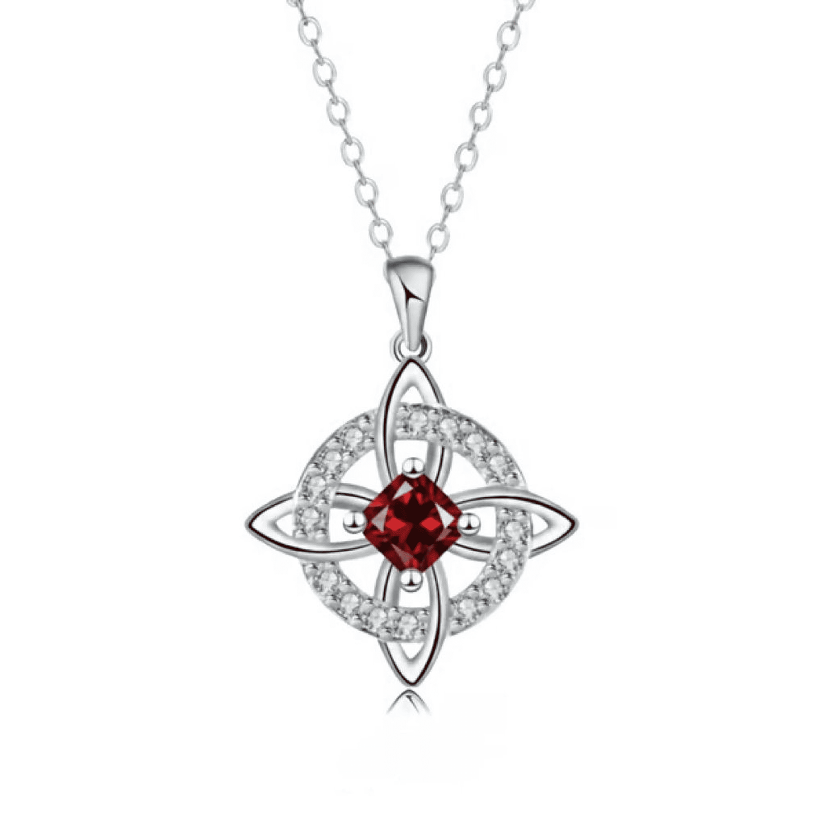 Silver-color witch knot birthstone necklace with a red January birthstone